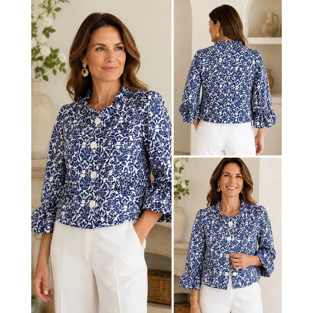 Isabel & Nina Blue White Damask Cropped Jacket Ruffle Sleeve Size 16 Statement